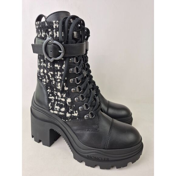 Moncler Women's Black Envile Tweed Block Heel Boots Size 37 - Picture 1 of 7
